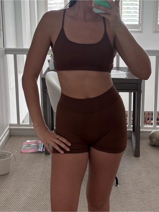 Pants - Brown Two-Piece Active Set - Bralette & High-Waist Shorts